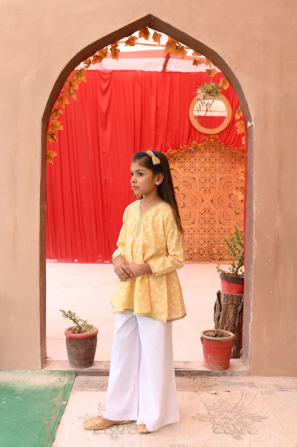 Yellow Printed Top & White Trouser Set