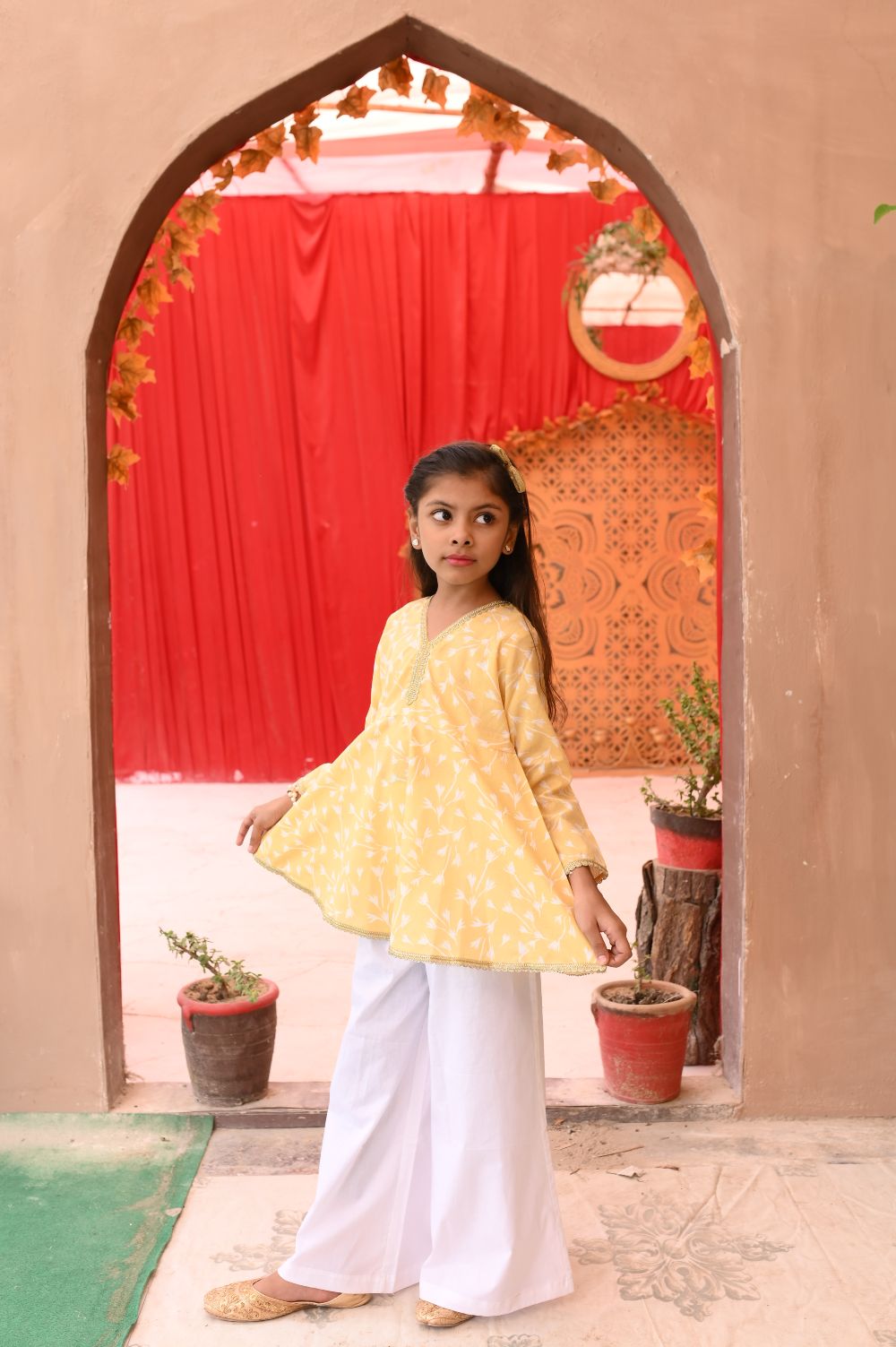 Yellow Printed Top & White Trouser Set