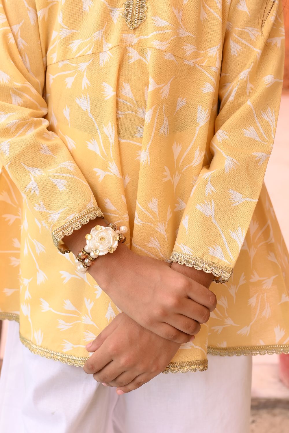 Yellow Printed Top & White Trouser Set