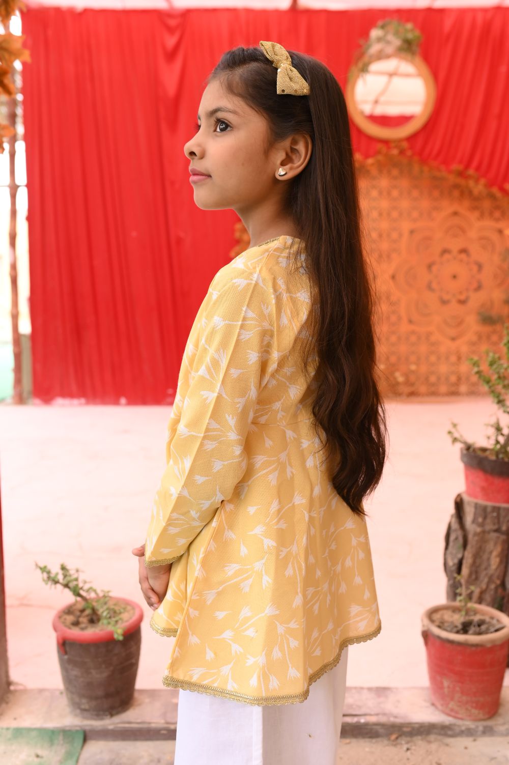 Yellow Printed Top & White Trouser Set