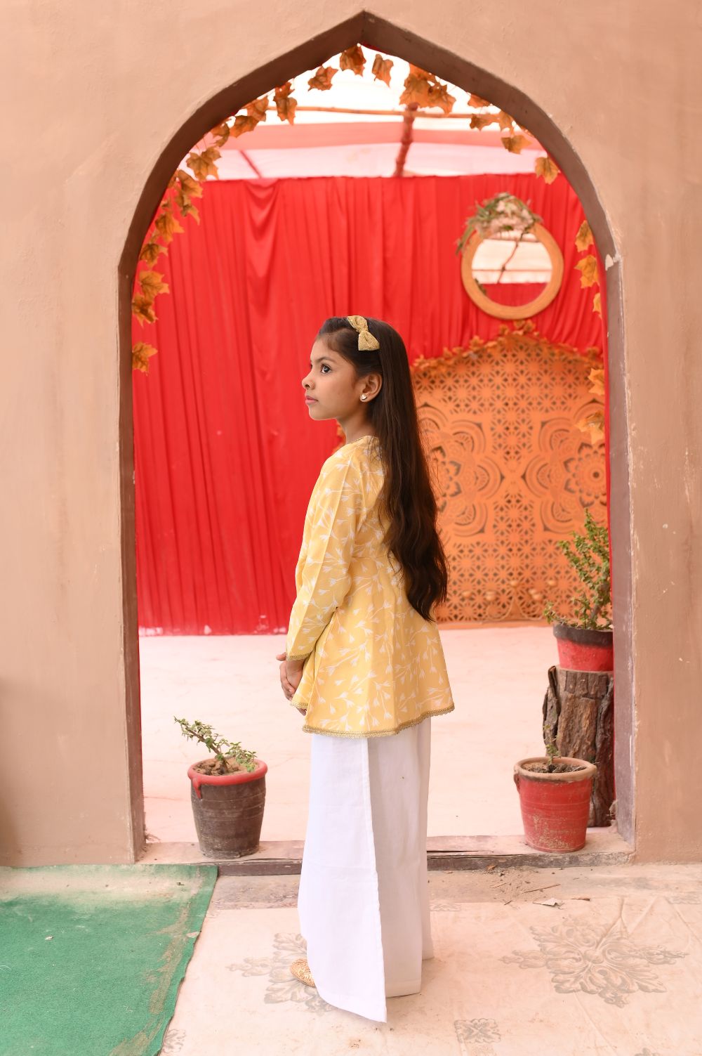 Yellow Printed Top & White Trouser Set