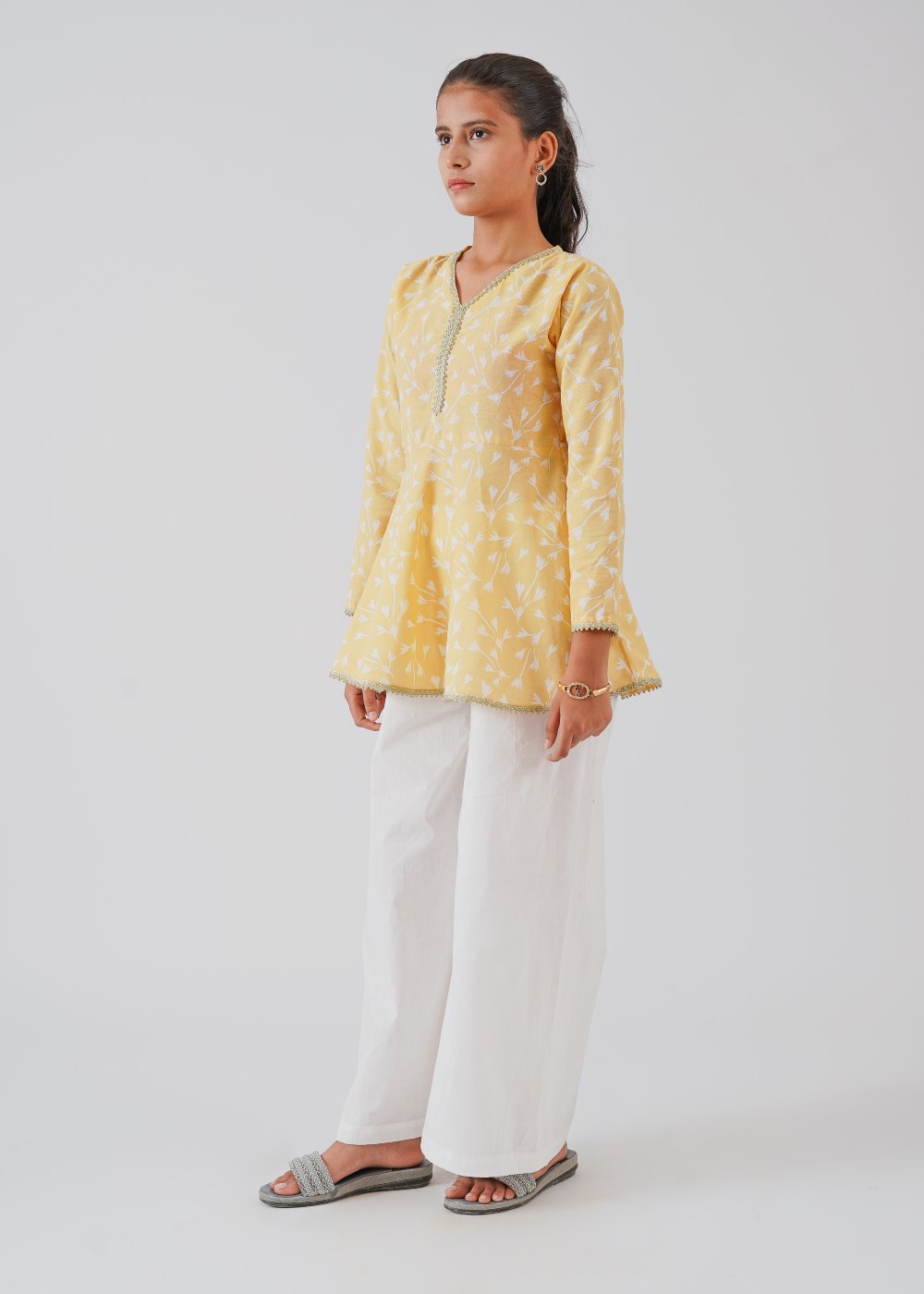 Yellow Printed Top & White Trouser Set