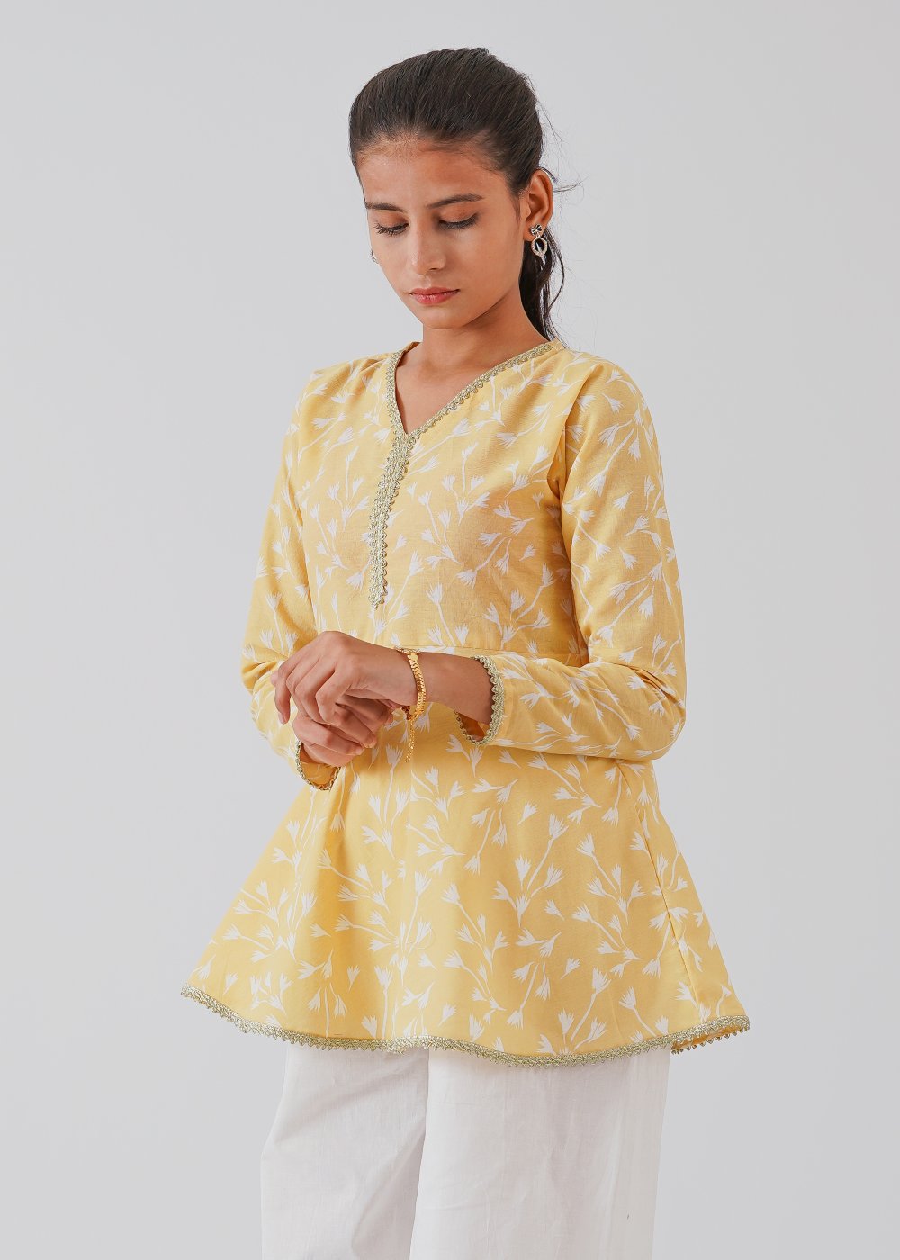 Yellow Printed Top & White Trouser Set