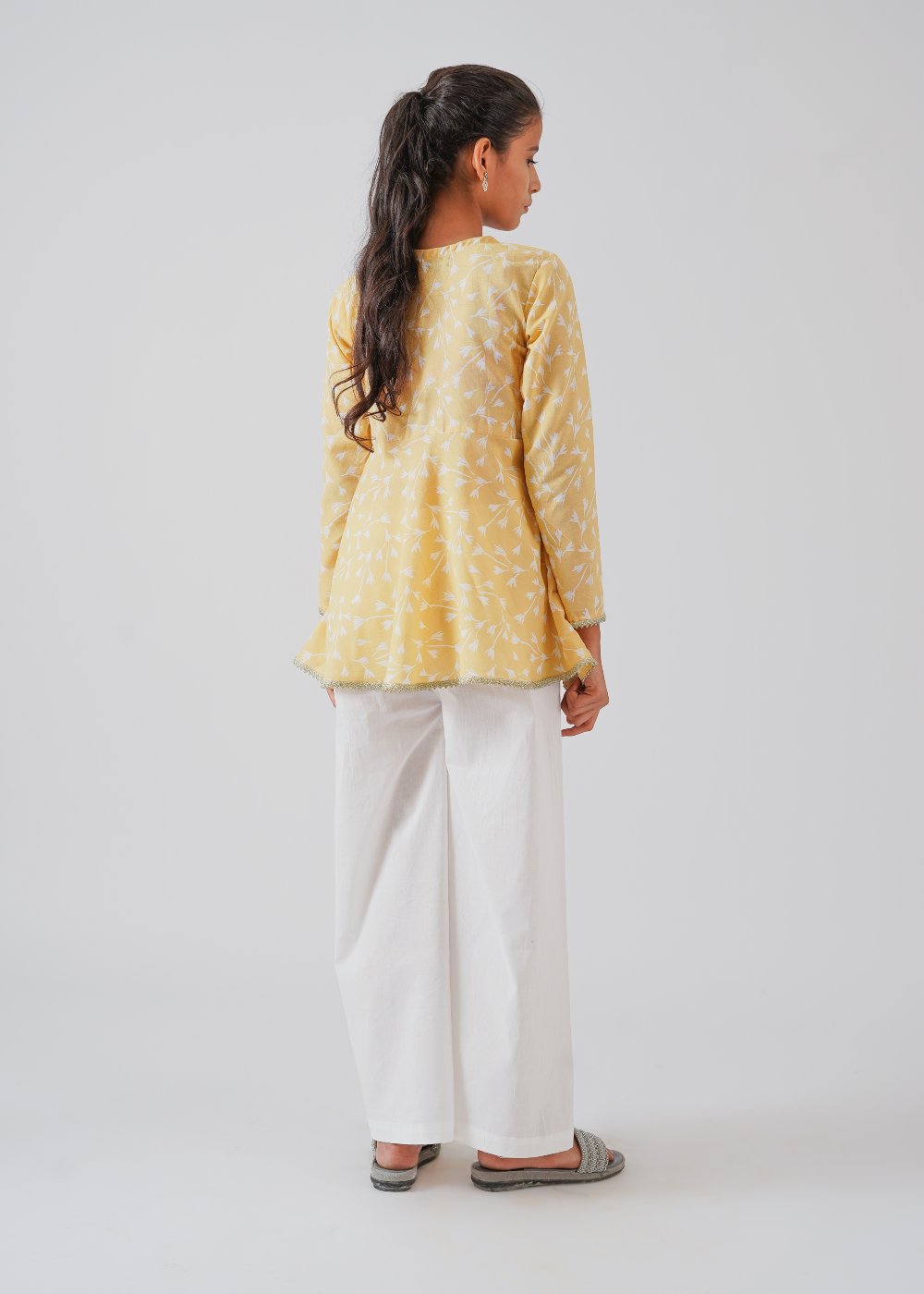 Yellow Printed Top & White Trouser Set