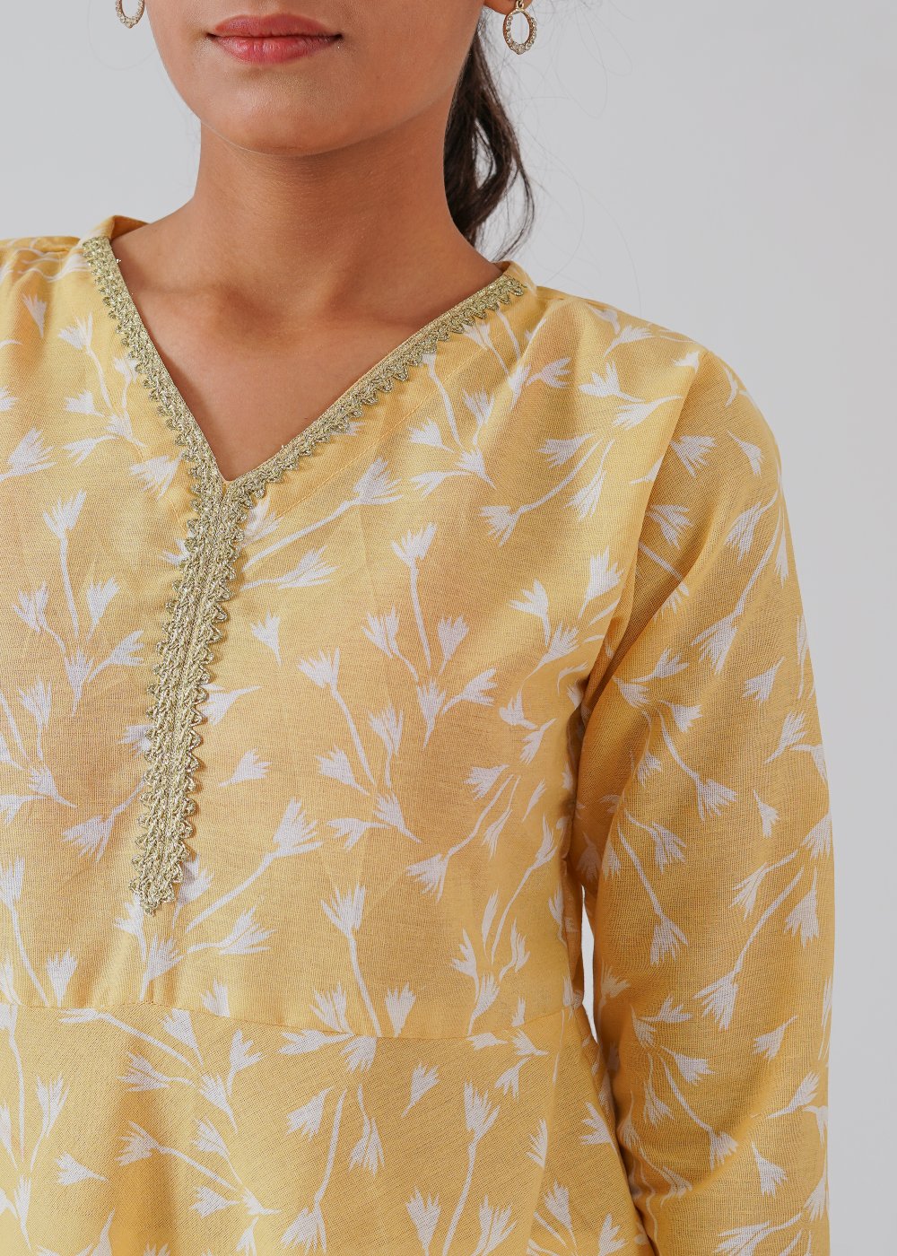 Yellow Printed Top & White Trouser Set