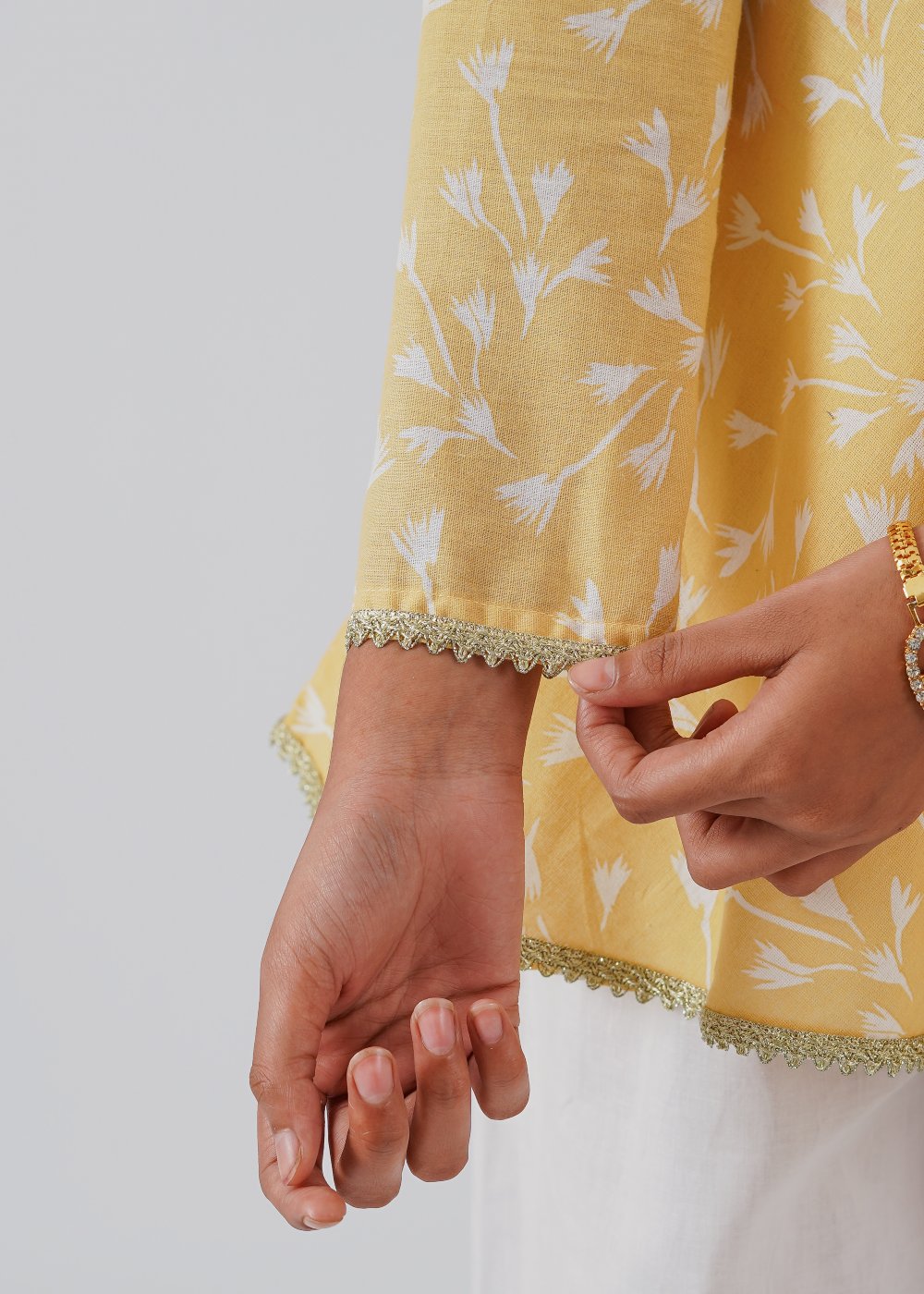 Yellow Printed Top & White Trouser Set
