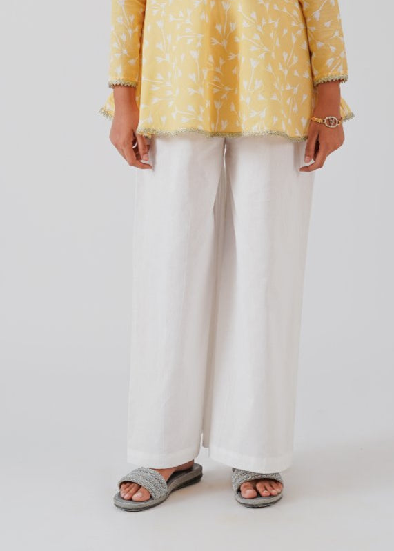 Yellow Printed Top & White Trouser Set