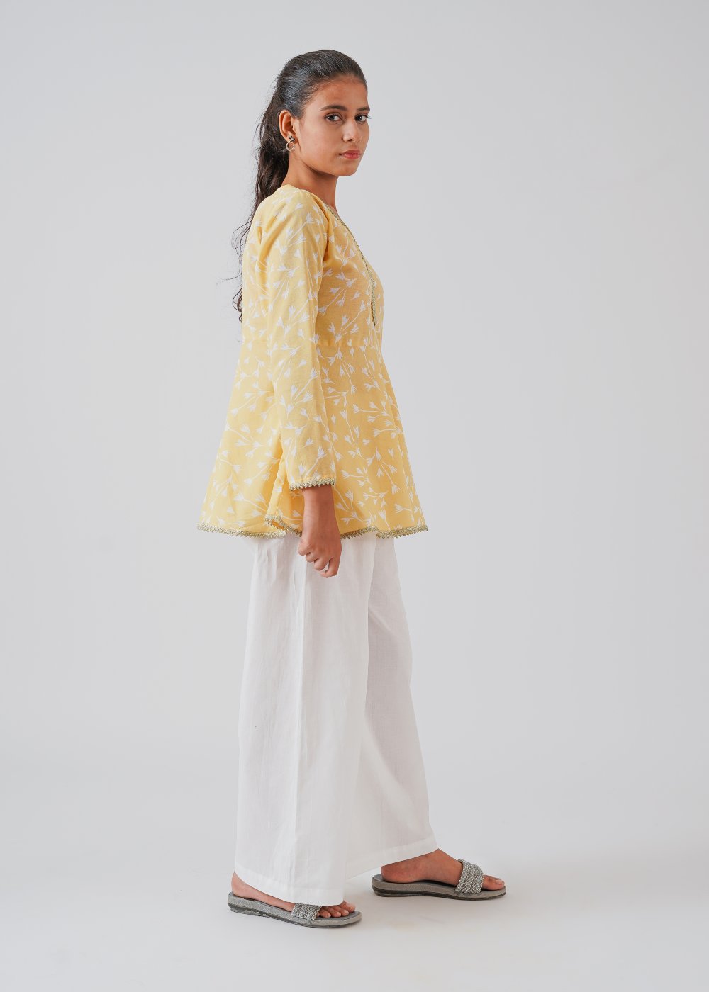 Yellow Printed Top & White Trouser Set