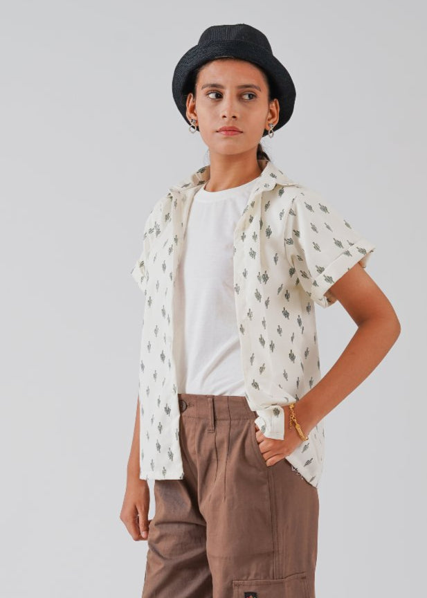 White Printed Half Sleeves Shirt