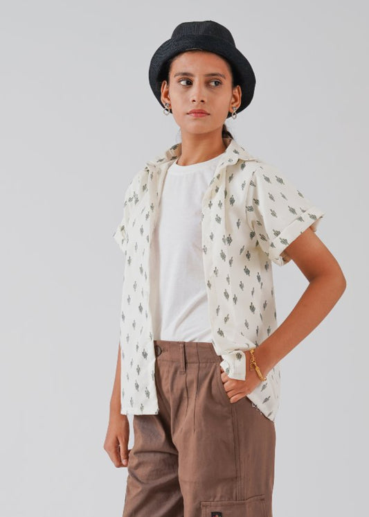 White Printed Half Sleeves Shirt